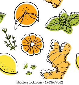 Seamless pattern with healthy vegetables and fruits in sketchy style isolated on white background. Doodle hand drawn vector illustration