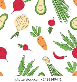 Seamless pattern with healthy vegetables like carrot, avocado, onion, radish, pepper, beet in green orange and red colors on white background. Hand drawn vector sketch doodle flat illustrations.