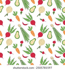 Seamless pattern with healthy vegetables like carrot, avocado, onion, radish, pepper, beet in green orange and red colors on white background. Hand drawn vector sketch doodle flat illustrations