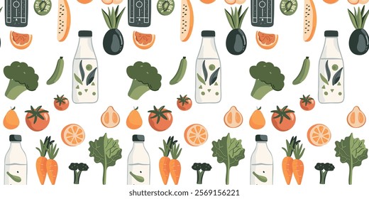 seamless pattern with healthy vegetables and refreshing water 