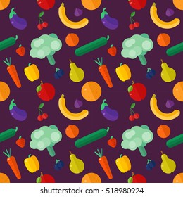 Seamless pattern of healthy, vegetarian, and vegan food. Vegetables and fruits background. Proper nutrition for detox and beauty. Vector illustration