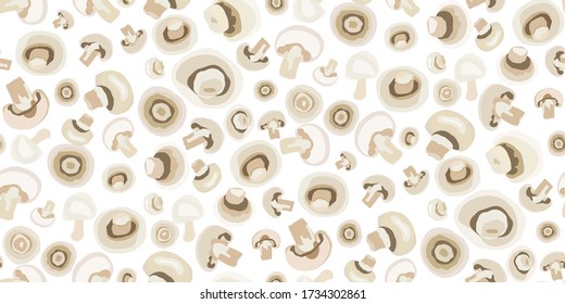 Seamless pattern heap of fresh appetizing champignon mushrooms isolated on white. Organic fungus whole, cut into slices. Template for textile, packaging materials, wallpapers, wrapper. Vector