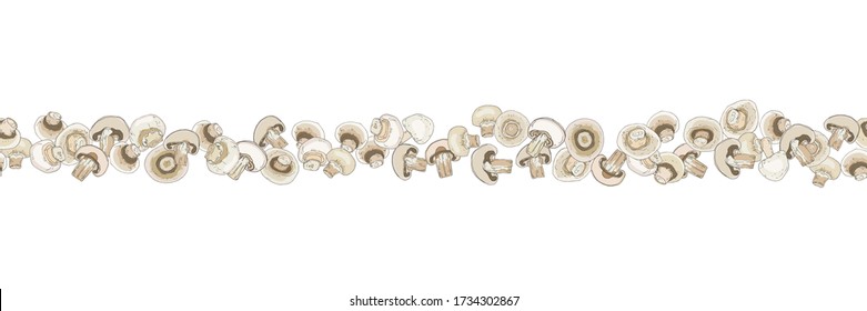 Seamless pattern heap of fresh appetizing champignon mushrooms isolated on white. Organic fungus whole, cut into slices. Template for textile, packaging materials, wallpapers, wrapper. Vector