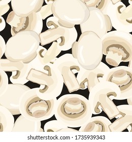 Seamless pattern heap of fresh appetizing champignon mushrooms isolated on black. Organic fungus whole, cut into slices. Template for textile, packaging materials, wallpapers, wrapper. Vector