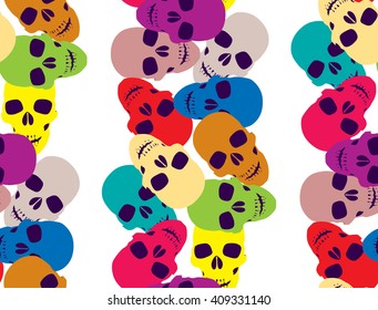 Seamless Pattern with Heap of Multicolor Skulls on White. Vector Illustration with Vertical Composition.