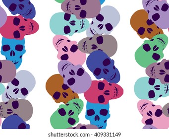 Seamless Pattern with Heap of Multicolor Skulls on White. Vector Illustration with Vertical Composition.