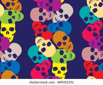Seamless Pattern with Heap of Multicolor Skulls on Dark Blue. Vector Illustration with Vertical Composition.