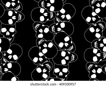 Seamless Pattern with Heap of Outline Skulls on Black. Vector Illustration with Monochrome Vertical Composition.
