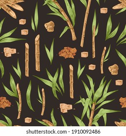 Seamless pattern with heaps and cubes of brown sugar, cane leaves and branches. Endless repeatable texture with sugarcane. Hand drawn vector illustration on black background