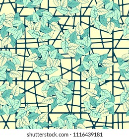 Seamless pattern. Heaps of fallen leaves arranged in random order. Multi-colored texture. The background is a lattice of squares divided into different pieces.