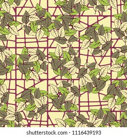 Seamless pattern. Heaps of fallen leaves arranged in random order. Multi-colored texture. The background is a lattice of squares divided into different pieces.