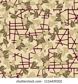 Seamless pattern. Heaps of fallen leaves arranged in random order. Multi-colored texture. The background is a lattice of squares divided into different pieces.