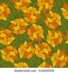 Seamless pattern. Heaps of fallen leaves arranged in random order. Multi-colored texture. The background is a ligature from the contours of the seven-pointed stars.