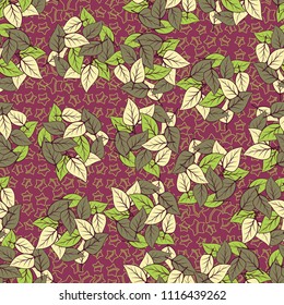 Seamless pattern. Heaps of fallen leaves arranged in random order. Multi-colored texture. The background is a scattering of halves of five-pointed stars.