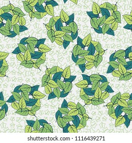 Seamless pattern. Heaps of fallen leaves arranged in random order. Multi-colored texture. The background is a scattering of halves of five-pointed stars.