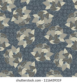 Seamless pattern. Heaps of fallen leaves arranged in random order. Multi-colored texture. The background is a scattering of halves of five-pointed stars.
