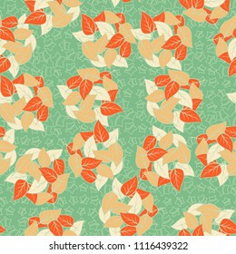Seamless pattern. Heaps of fallen leaves arranged in random order. Multi-colored texture. The background is a scattering of halves of five-pointed stars.
