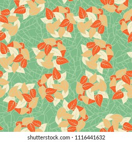 Seamless pattern. Heaps of fallen leaves arranged in random order. Multi-colored texture. The background is a lattice of contours of broken pentagons.