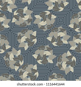 Seamless pattern. Heaps of fallen leaves arranged in random order. Multi-colored texture. The background is a lattice of rounded concentric squares.