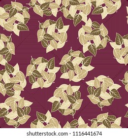 Seamless pattern. Heaps of fallen leaves arranged in random order. Multi-colored texture. The background is a large concentric squares of fine lines.