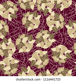 Seamless pattern. Heaps of fallen leaves arranged in random order. Multi-colored texture. The background is a lattice of contours of broken pentagons.