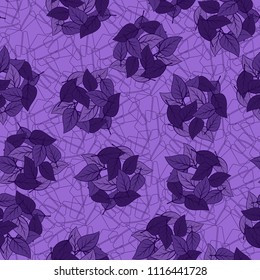Seamless pattern. Heaps of fallen leaves arranged in random order. Multi-colored texture. The background is a lattice of contours of broken pentagons.