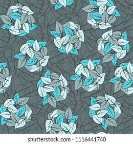 Seamless pattern. Heaps of fallen leaves arranged in random order. Multi-colored texture. The background is a lattice of contours of broken pentagons.
