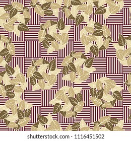 Seamless pattern. Heaps of fallen leaves arranged in random order. Multi-colored texture. The background is a checkerboard, consisting of horizontal and vertical segments.