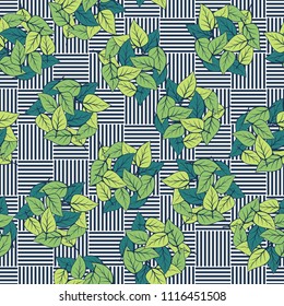 Seamless pattern. Heaps of fallen leaves arranged in random order. Multi-colored texture. The background is a checkerboard, consisting of horizontal and vertical segments.