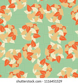 Seamless pattern. Heaps of fallen leaves arranged in random order. Multi-colored texture. The background is a checkerboard, consisting of horizontal and vertical segments.