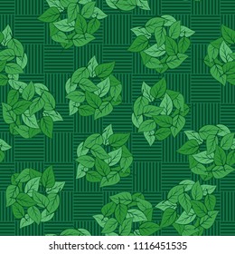Seamless pattern. Heaps of fallen leaves arranged in random order. Multi-colored texture. The background is a checkerboard, consisting of horizontal and vertical segments.