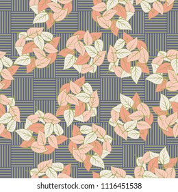 Seamless pattern. Heaps of fallen leaves arranged in random order. Multi-colored texture. The background is a checkerboard, consisting of horizontal and vertical segments.