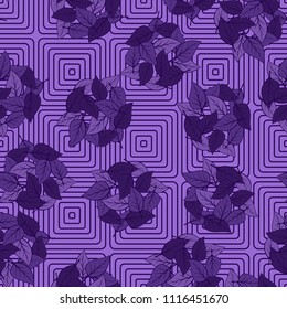 Seamless pattern. Heaps of fallen leaves arranged in random order. Multi-colored texture. The background is a lattice of rounded concentric squares.