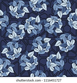 Seamless pattern. Heaps of fallen leaves arranged in random order. Multi-colored texture. The background is a lattice of broken rounded squares.