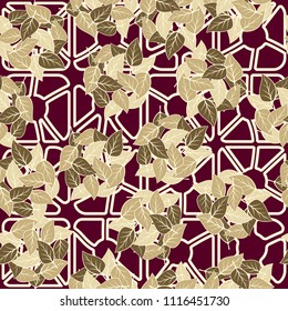 Seamless pattern. Heaps of fallen leaves arranged in random order. Multi-colored texture. The background is a lattice of broken rounded squares.
