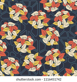 Seamless pattern. Heaps of fallen leaves arranged in random order. Multi-colored texture. The background is a lattice of broken rounded squares.