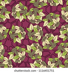 Seamless pattern. Heaps of fallen leaves arranged in random order. Multi-colored texture. The background is a lattice of broken rounded squares.