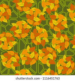 Seamless pattern. Heaps of fallen leaves arranged in random order. Multi-colored texture. The background is a lattice of broken rounded squares.