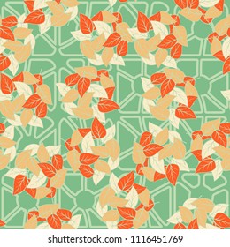 Seamless pattern. Heaps of fallen leaves arranged in random order. Multi-colored texture. The background is a lattice of broken rounded squares.