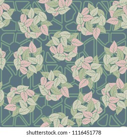 Seamless pattern. Heaps of fallen leaves arranged in random order. Multi-colored texture. The background is a lattice of broken rounded squares.