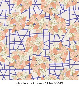 Seamless pattern. Heaps of fallen leaves arranged in random order. Multi-colored texture. The background is a lattice of squares divided into different pieces.