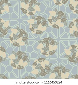 Seamless pattern. Heaps of fallen leaves arranged in random order. Multi-colored texture. The background is a lattice of broken rounded squares.