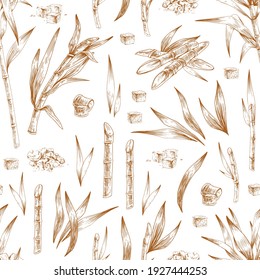 Seamless pattern with heaps and loaves of brown sugar, cane leaves and branches. Endless repeatable texture with sugarcane. Hand-drawn monochrome vector illustration on white background