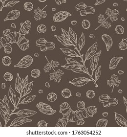 Seamless pattern with hearbs and spices: turmeric root, bay leaf, cardamom seeds and coriander sseds. Vector hand drawn illustration.