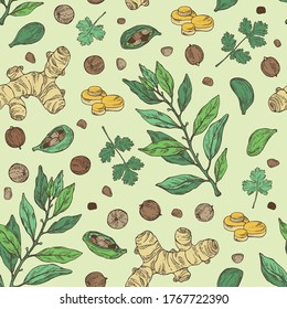 Seamless pattern with hearbs and spices: turmeric root, bay leaf, cardamom seeds and coriander sseds. Vector hand drawn illustration.