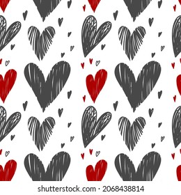 Seamless pattern with hears. Red and black  background. Vector illustration . Good for wedding gifts and prints, postcards for Valentine’s Day and birthdays. Texture for rockstars