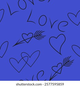 Seamless pattern of heart, arrows and the inscription love on a blue background.Vector pattern in doodle style for textiles, covers, backgrounds, holiday designs for Valentine's Day.