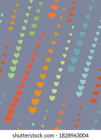 Seamless pattern of heart arrows strokes. Abstract texture. Heart rain, heart arrow, eyewater loving cardiac theme. Orange, red shapes on gray colored background. Vector
