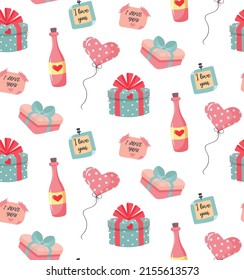 Seamless pattern with heart balloon, champagne bottle, present gifts and love notes. Love and Valentine's day concept.