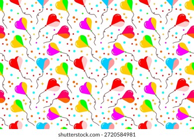 Seamless pattern of heart balloons. Colorful balloons pattern in love style. Playful and cute heart balloons pattern background. Bright heart balloons pattern.